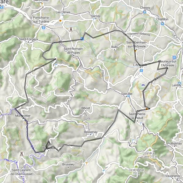 Map miniature of "Arbresle and Beyond" cycling inspiration in Rhône-Alpes, France. Generated by Tarmacs.app cycling route planner