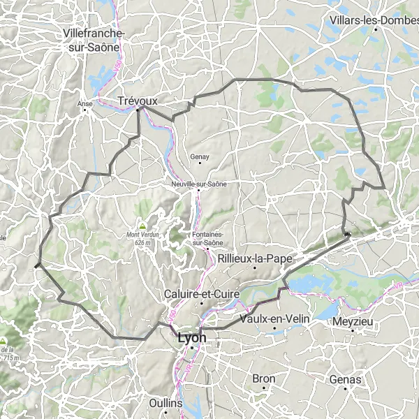Map miniature of "Lentilly to Charbonnières-les-Bains Road Loop" cycling inspiration in Rhône-Alpes, France. Generated by Tarmacs.app cycling route planner