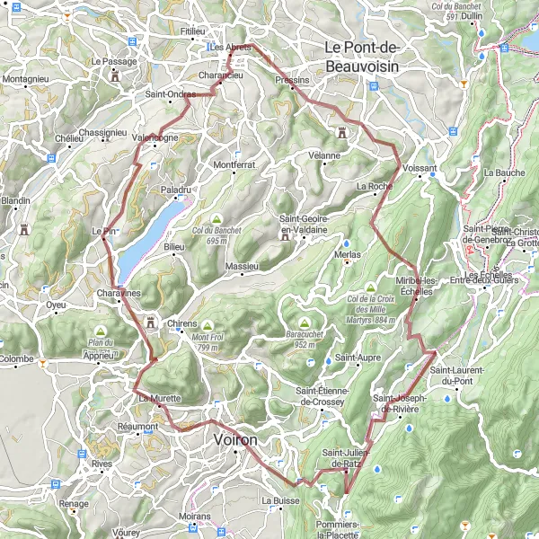 Miniatura mapy "Wyprawa gravelowa przez Charavines i Les Abrets" - trasy rowerowej w Rhône-Alpes, France. Wygenerowane przez planer tras rowerowych Tarmacs.app