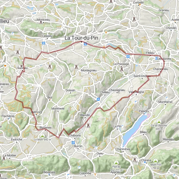 Miniatua del mapa de inspiración ciclista "Les Abrets - Charancieu - Col de Rossatière - Bizonnes - Châteauvilain - La Tour-du-Pin - Saint-André-le-Gaz" en Rhône-Alpes, France. Generado por Tarmacs.app planificador de rutas ciclistas