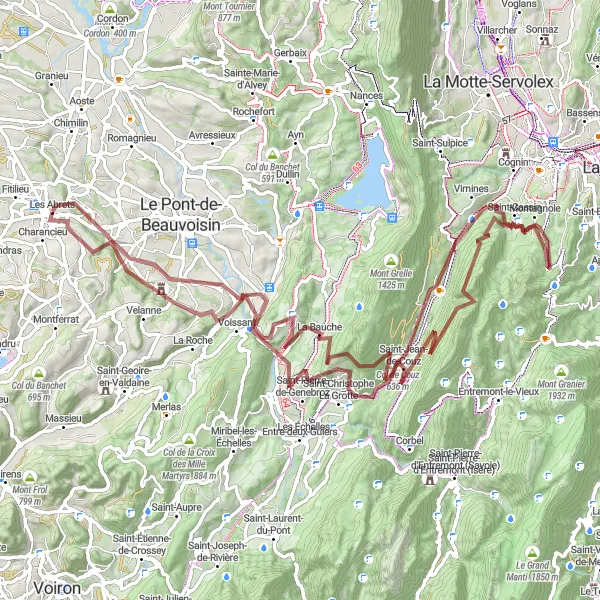 Mapa miniatúra "Okruhová cyklistická trasa s gravelovým povrchem - Les Abrets" cyklistická inšpirácia v Rhône-Alpes, France. Vygenerované cyklistickým plánovačom trás Tarmacs.app