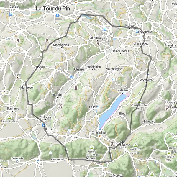 Map miniature of "Explore the Picturesque Villages near Les Abrets" cycling inspiration in Rhône-Alpes, France. Generated by Tarmacs.app cycling route planner