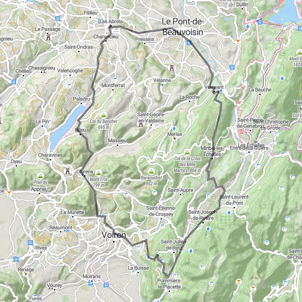 Map miniature of "Les Abrets Scenic Route" cycling inspiration in Rhône-Alpes, France. Generated by Tarmacs.app cycling route planner