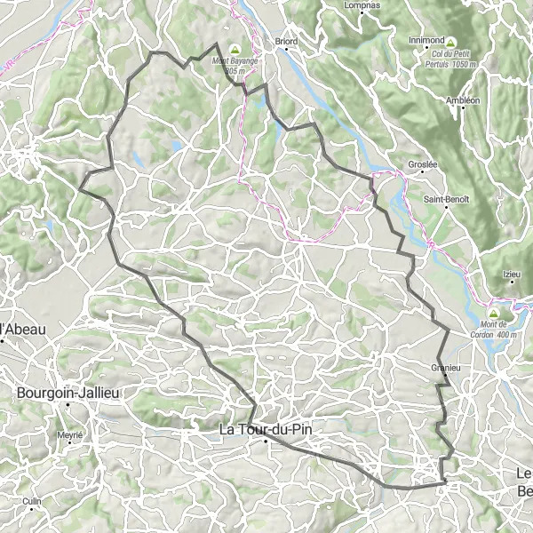 Zemljevid v pomanjšavi "Kolesarska pot okoli Les Abrets - 94 km" kolesarske inspiracije v Rhône-Alpes, France. Generirano z načrtovalcem kolesarskih poti Tarmacs.app