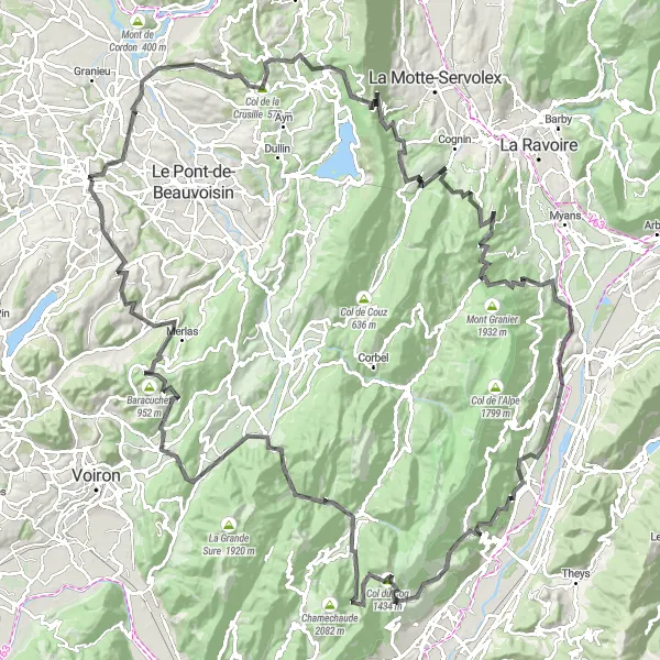Map miniature of "Challenging Cycling Circuit around Les Abrets" cycling inspiration in Rhône-Alpes, France. Generated by Tarmacs.app cycling route planner