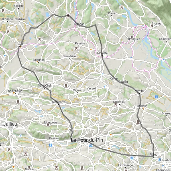 Map miniature of "Tour of Isère Valley" cycling inspiration in Rhône-Alpes, France. Generated by Tarmacs.app cycling route planner