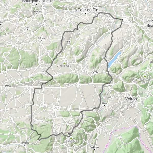 Map miniature of "Les Abrets Grand Loop" cycling inspiration in Rhône-Alpes, France. Generated by Tarmacs.app cycling route planner