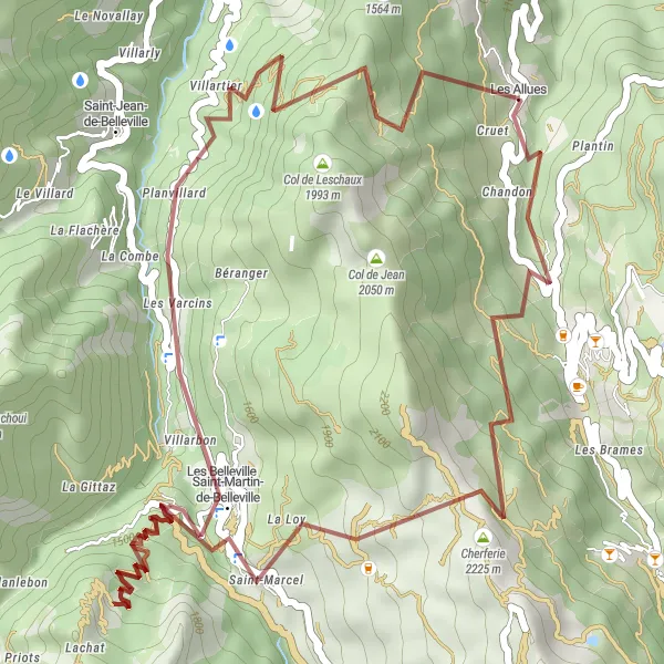 Zemljevid v pomanjšavi "Raznolika tura v okolici Les Allues" kolesarske inspiracije v Rhône-Alpes, France. Generirano z načrtovalcem kolesarskih poti Tarmacs.app