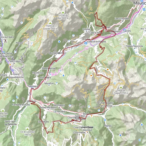 Map miniature of "Les Allues to La Côte-d'Aime Gravel Adventure" cycling inspiration in Rhône-Alpes, France. Generated by Tarmacs.app cycling route planner