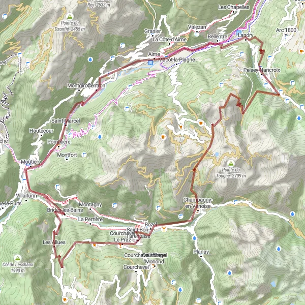 Map miniature of "Les Allues to La Côte-d'Aime Gravel Challenge" cycling inspiration in Rhône-Alpes, France. Generated by Tarmacs.app cycling route planner