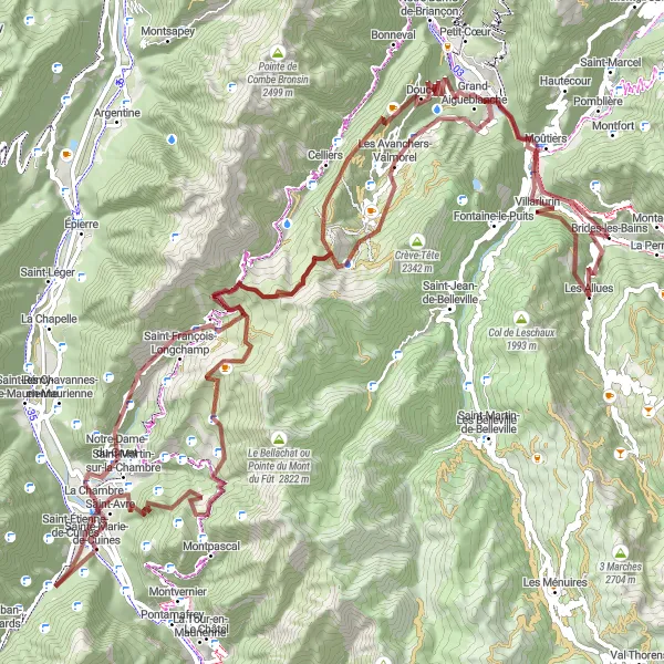 Map miniature of "Les Allues to Les Avanchers-Valmorel Gravel Challenge" cycling inspiration in Rhône-Alpes, France. Generated by Tarmacs.app cycling route planner
