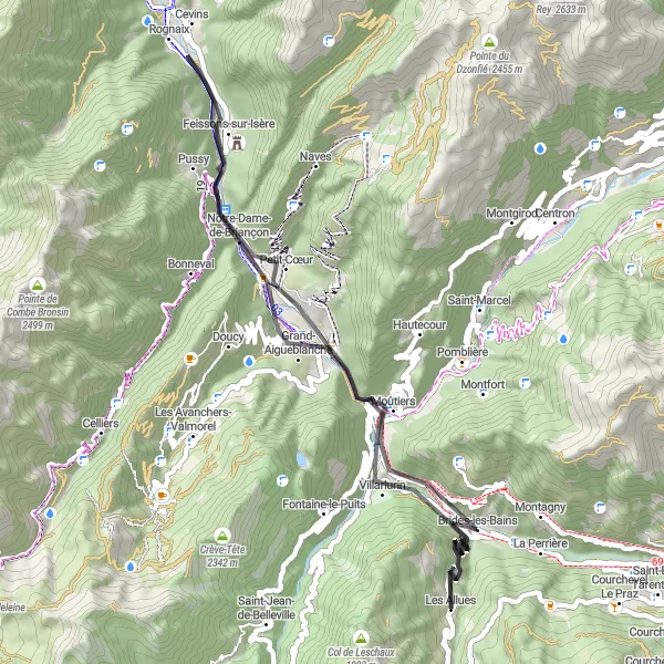 Map miniature of "Les Allues to Brides-les-Bains Loop" cycling inspiration in Rhône-Alpes, France. Generated by Tarmacs.app cycling route planner