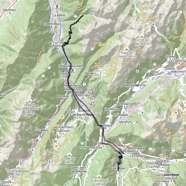 Miniatua del mapa de inspiración ciclista "Ruta de ciclismo de 76 km hacia Salins-les-Thermes" en Rhône-Alpes, France. Generado por Tarmacs.app planificador de rutas ciclistas