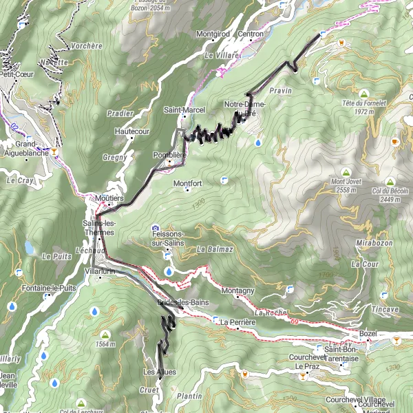 Miniature de la carte de l'inspiration cycliste "Brides-les-Bains - Villarlurin Challenge" dans la Rhône-Alpes, France. Générée par le planificateur d'itinéraire cycliste Tarmacs.app