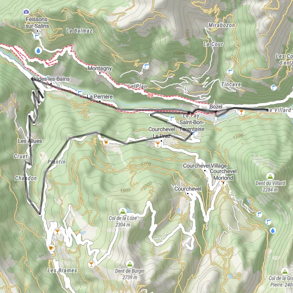 Zemljevid v pomanjšavi "Kolesarska pot Les Allues - Le Villaret" kolesarske inspiracije v Rhône-Alpes, France. Generirano z načrtovalcem kolesarskih poti Tarmacs.app
