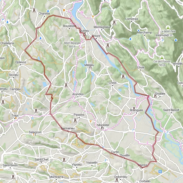 Miniaturní mapa "Koleje kolem Les Avenières" inspirace pro cyklisty v oblasti Rhône-Alpes, France. Vytvořeno pomocí plánovače tras Tarmacs.app