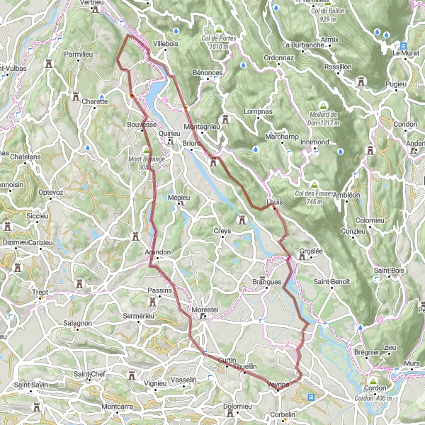 Miniature de la carte de l'inspiration cycliste "Le Tour des Collines de l'Isère" dans la Rhône-Alpes, France. Générée par le planificateur d'itinéraire cycliste Tarmacs.app