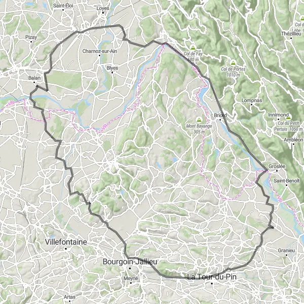 Miniature de la carte de l'inspiration cycliste "La Boucle des Dombes" dans la Rhône-Alpes, France. Générée par le planificateur d'itinéraire cycliste Tarmacs.app