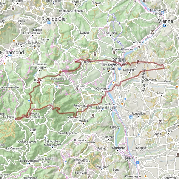 Map miniature of "Saint-Alban-du-Rhône to Les Roches-de-Condrieu Gravel Cycling Route" cycling inspiration in Rhône-Alpes, France. Generated by Tarmacs.app cycling route planner