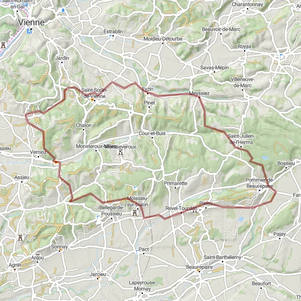 Miniaturní mapa "Les Côtes-d'Arey - Moissieu-sur-Dolon" inspirace pro cyklisty v oblasti Rhône-Alpes, France. Vytvořeno pomocí plánovače tras Tarmacs.app