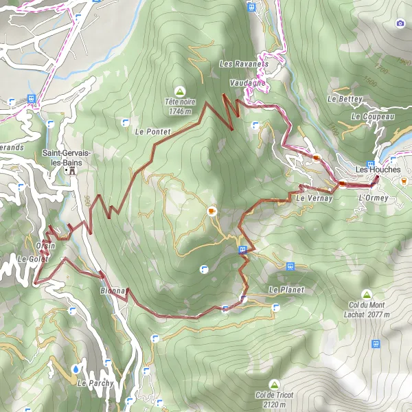 Zemljevid v pomanjšavi "Les Houches - Gravel Tour" kolesarske inspiracije v Rhône-Alpes, France. Generirano z načrtovalcem kolesarskih poti Tarmacs.app