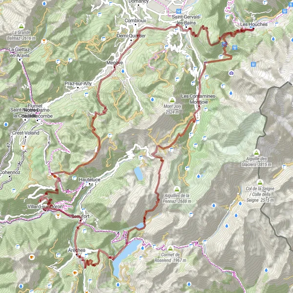 Miniature de la carte de l'inspiration cycliste "Les Contamines-Montjoie Gravel Adventure" dans la Rhône-Alpes, France. Générée par le planificateur d'itinéraire cycliste Tarmacs.app