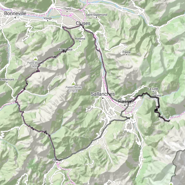 Miniaturní mapa "Okružní cyklistická trasa Les Houches" inspirace pro cyklisty v oblasti Rhône-Alpes, France. Vytvořeno pomocí plánovače tras Tarmacs.app