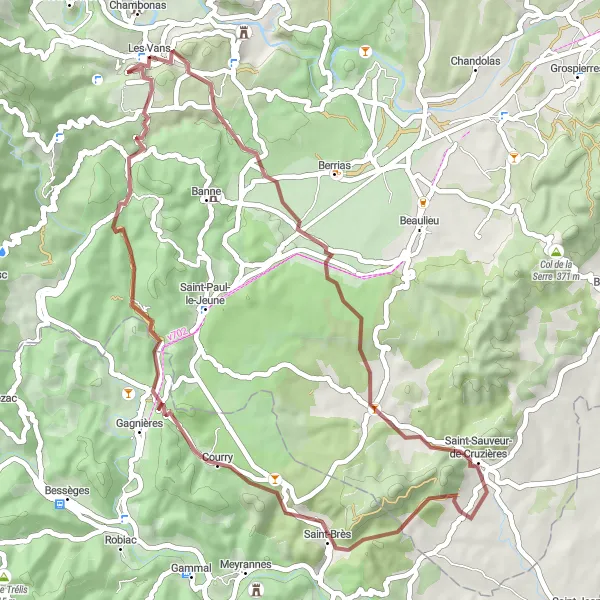 Map miniature of "Les Vans - Courry Scenic Gravel Loop" cycling inspiration in Rhône-Alpes, France. Generated by Tarmacs.app cycling route planner