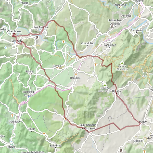 Map miniature of "Les Vans - Bessas Gravel Escape" cycling inspiration in Rhône-Alpes, France. Generated by Tarmacs.app cycling route planner