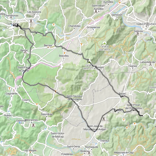 Map miniature of "Les Vans - Bois de Païolive Circuit" cycling inspiration in Rhône-Alpes, France. Generated by Tarmacs.app cycling route planner