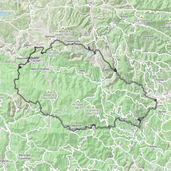 Map miniature of "Ultimate Rhône-Alpes Road Adventure" cycling inspiration in Rhône-Alpes, France. Generated by Tarmacs.app cycling route planner