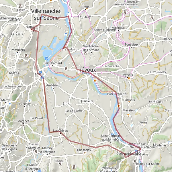 Miniaturní mapa "Gravelová trasa Albigny-sur-Saône" inspirace pro cyklisty v oblasti Rhône-Alpes, France. Vytvořeno pomocí plánovače tras Tarmacs.app
