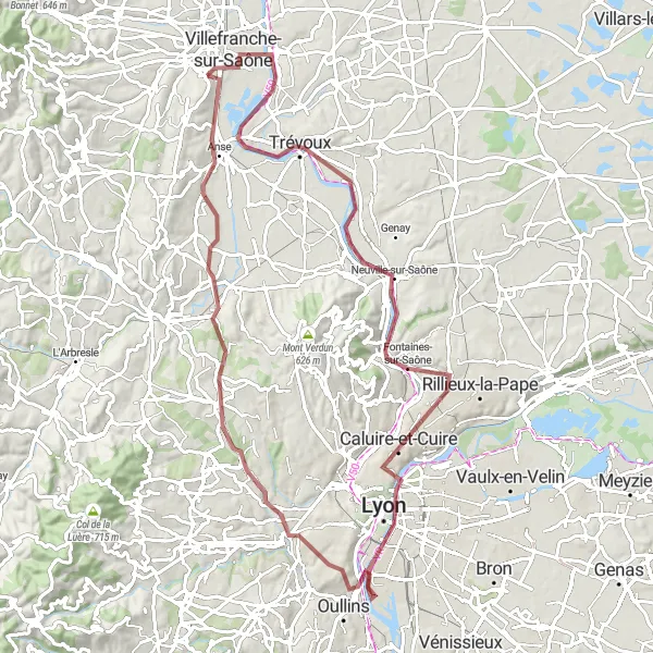 Karttaminiaatyyri "Villefranche-sur-Saône - Anse Loop" pyöräilyinspiraatiosta alueella Rhône-Alpes, France. Luotu Tarmacs.app pyöräilyreittisuunnittelijalla
