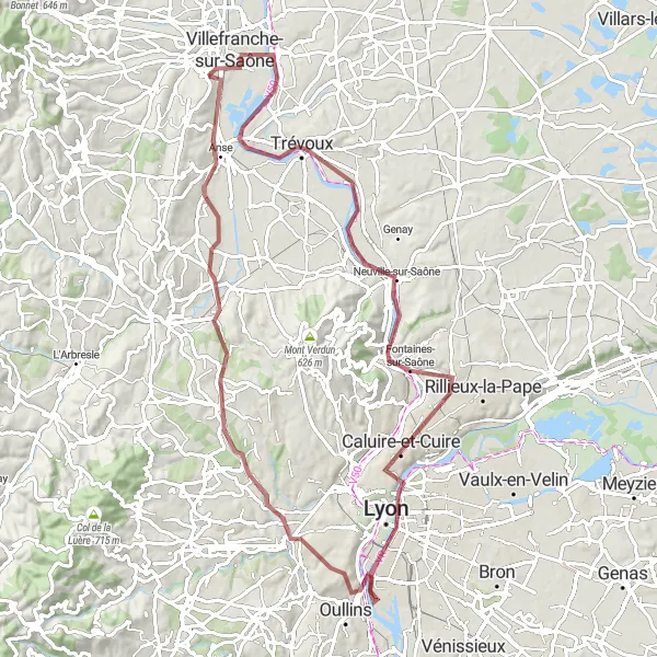 Miniaturní mapa "Gravel Bike Route from Limas" inspirace pro cyklisty v oblasti Rhône-Alpes, France. Vytvořeno pomocí plánovače tras Tarmacs.app