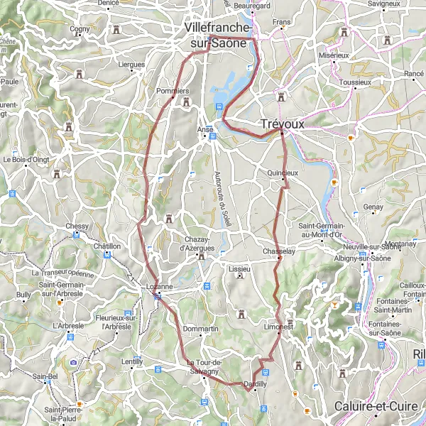 Miniatura della mappa di ispirazione al ciclismo "Avventura in bicicletta su sterrato da Limas a Notre-Dame-de-Buissante" nella regione di Rhône-Alpes, France. Generata da Tarmacs.app, pianificatore di rotte ciclistiche