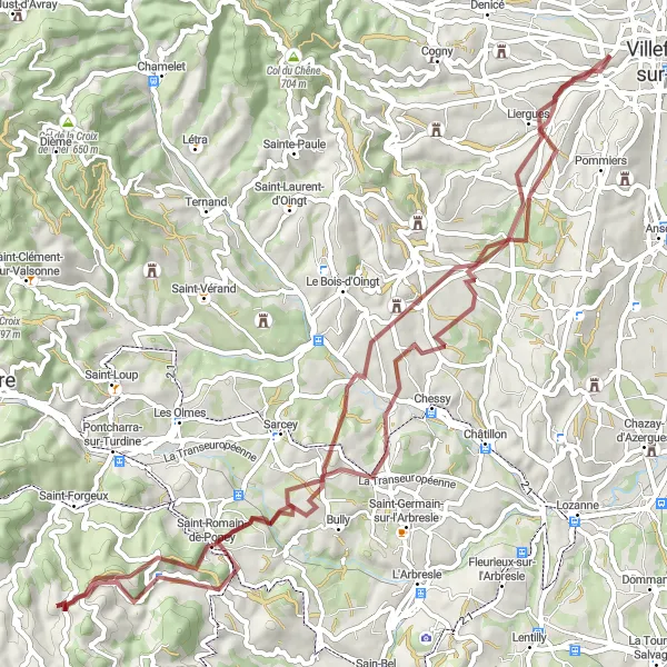 Miniatuurkaart van de fietsinspiratie "Gravelroute rond Limas" in Rhône-Alpes, France. Gemaakt door de Tarmacs.app fietsrouteplanner