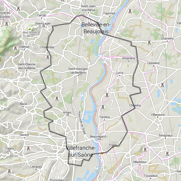 Miniature de la carte de l'inspiration cycliste "Boucle du Beaujolais" dans la Rhône-Alpes, France. Générée par le planificateur d'itinéraire cycliste Tarmacs.app