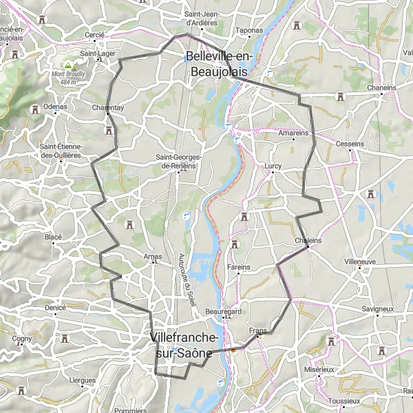 Map miniature of "Villefranche-sur-Saône Loop" cycling inspiration in Rhône-Alpes, France. Generated by Tarmacs.app cycling route planner