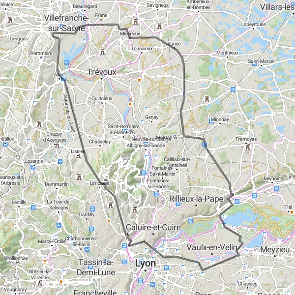 Miniatura della mappa di ispirazione al ciclismo "Road da Limas a Villeurbanne" nella regione di Rhône-Alpes, France. Generata da Tarmacs.app, pianificatore di rotte ciclistiche