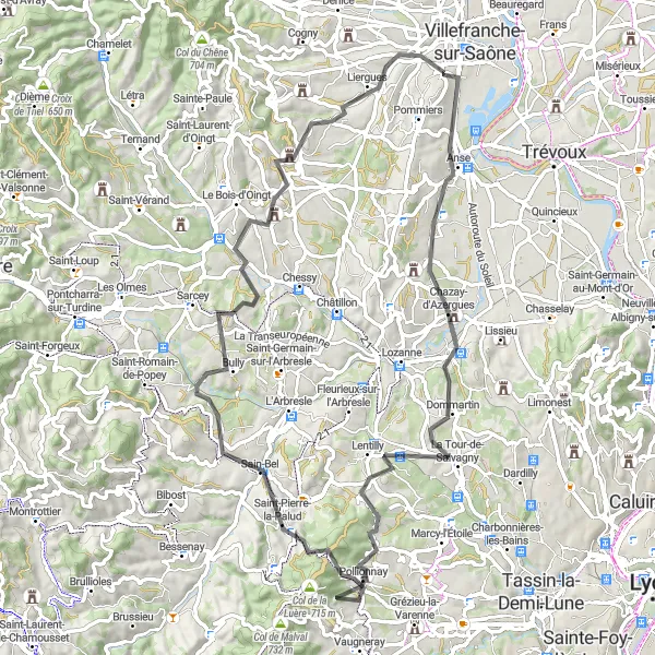 Miniaturní mapa "Výlet kolem Azergues" inspirace pro cyklisty v oblasti Rhône-Alpes, France. Vytvořeno pomocí plánovače tras Tarmacs.app
