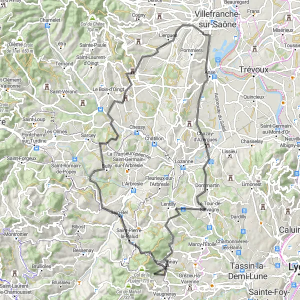 Kartminiatyr av "Limas - Civrieux-d'Azergues - Lentilly - Col de la Croix du Ban - Le Breuil - Gleizé" sykkelinspirasjon i Rhône-Alpes, France. Generert av Tarmacs.app sykkelrutoplanlegger