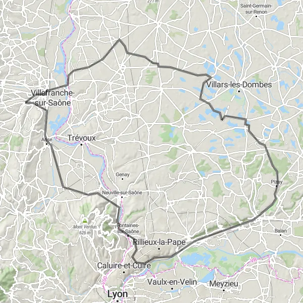 Karttaminiaatyyri "Villefranche-sur-Saône - Chervinges Circuit" pyöräilyinspiraatiosta alueella Rhône-Alpes, France. Luotu Tarmacs.app pyöräilyreittisuunnittelijalla
