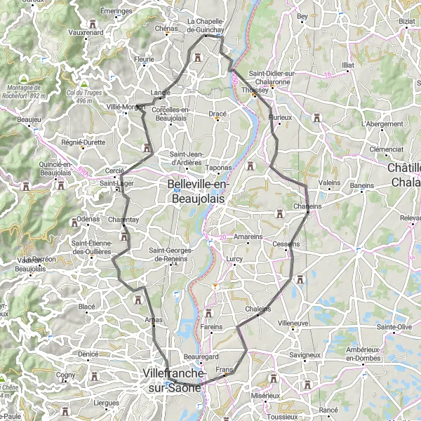 Karttaminiaatyyri "Arnas - La Chapelle-de-Guinchay Route" pyöräilyinspiraatiosta alueella Rhône-Alpes, France. Luotu Tarmacs.app pyöräilyreittisuunnittelijalla