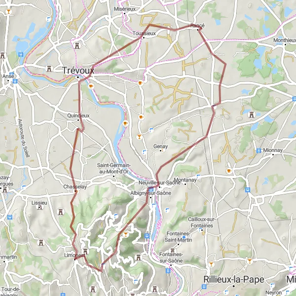 Miniatuurkaart van de fietsinspiratie "Gravelroute naar Trévoux en Saint-Jean-de-Thurigneux" in Rhône-Alpes, France. Gemaakt door de Tarmacs.app fietsrouteplanner