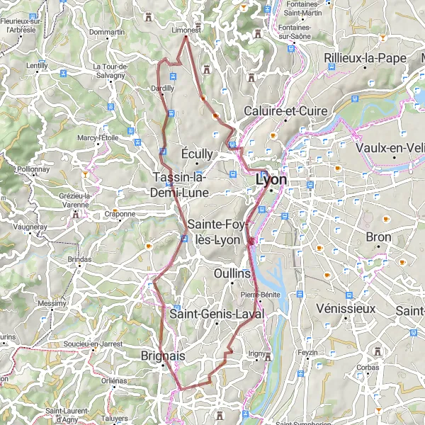 Zemljevid v pomanjšavi "Gravelni izziv okoli Lyona" kolesarske inspiracije v Rhône-Alpes, France. Generirano z načrtovalcem kolesarskih poti Tarmacs.app