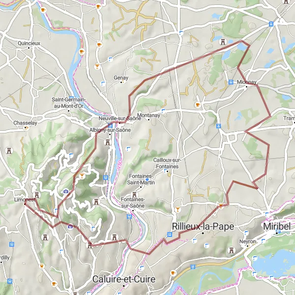 Miniatura della mappa di ispirazione al ciclismo "Avventura in bicicletta tra i vigneti del Beaujolais" nella regione di Rhône-Alpes, France. Generata da Tarmacs.app, pianificatore di rotte ciclistiche