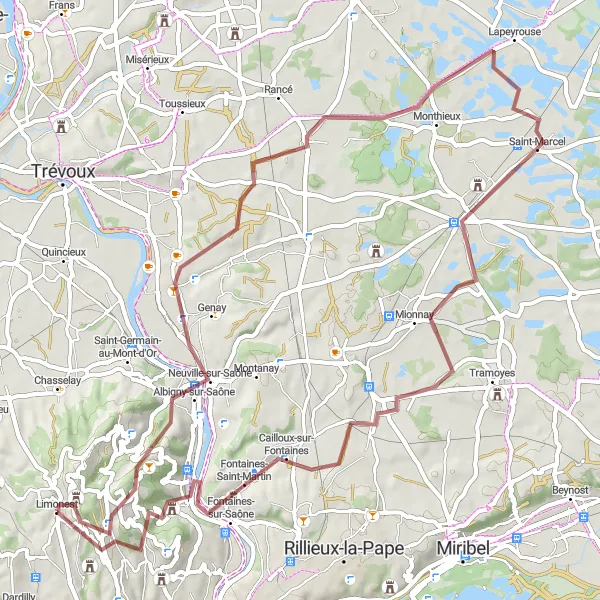 Miniatura della mappa di ispirazione al ciclismo "Esplorazione in bicicletta tra borghi medievali e natura selvaggia" nella regione di Rhône-Alpes, France. Generata da Tarmacs.app, pianificatore di rotte ciclistiche