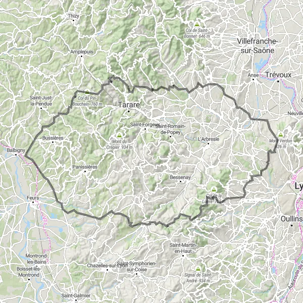 Miniatura della mappa di ispirazione al ciclismo "Tour ciclistico intorno a Limonest" nella regione di Rhône-Alpes, France. Generata da Tarmacs.app, pianificatore di rotte ciclistiche