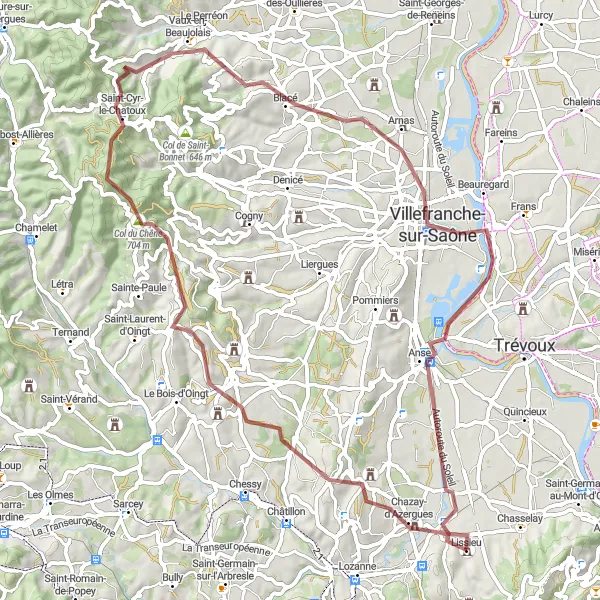 Miniatura della mappa di ispirazione al ciclismo "Percorso Gravel da Lissieu a Les Chères" nella regione di Rhône-Alpes, France. Generata da Tarmacs.app, pianificatore di rotte ciclistiche