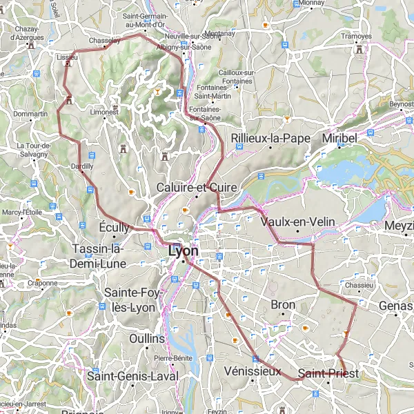 Miniatua del mapa de inspiración ciclista "Aventura en grava desde Lissieu a Lyon" en Rhône-Alpes, France. Generado por Tarmacs.app planificador de rutas ciclistas